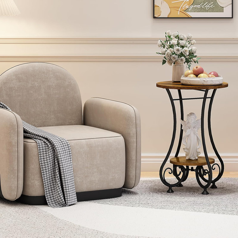 Round End Table For Small Spaces, Rustic Industrial Side Table With Open Shelf, Sturdy MDF And Metal Frame, Versatile Coffee Table For Living Room, Bedroom, Office, Balcony