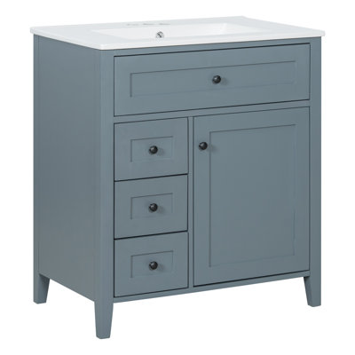 Meuble-lavabo de 76 cm avec lavabo, 3 tiroirs et tablette réglable, construction en MDF et bois d'hévéa massif, fini moderne brillant, compatible avec robinet de 10 cm
