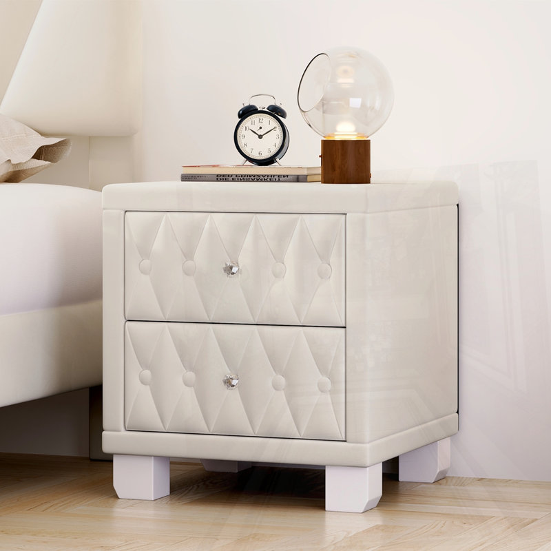 Elegant Velvet Nightstand With 2 Drawers And Crystal Handle, Beige