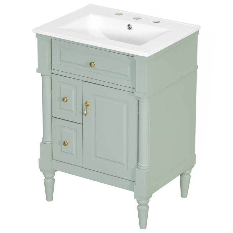 24 Inch Bathroom Vanity With Sink,Bathroom Cabinet With Flip Drawer,Adjustable Shelf,Solid Rubberwood Frame,MDF Panels & Metal Handles