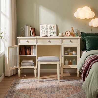 Ensemble de coiffeuse moderne classique avec miroir rabattable de 117 cm (46 po), bureau de maquillage à rangements multiples avec tabouret de garde-robe, chêne blanc