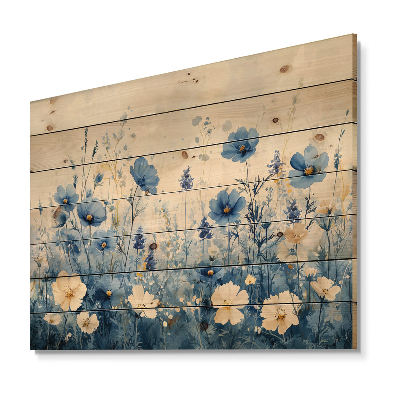 Field Of Blues Watercolor Wildflowers II - Wildflowers Wood Wall Art - On Natural Pine Wood, 10" H x 20" W x 0.78" D