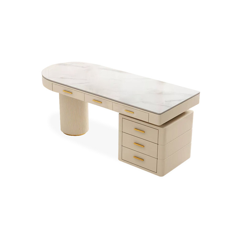 Blanc + demi-cercle en pierre frittée blanc crème + bureau en bois manufacturé avec tiroirs