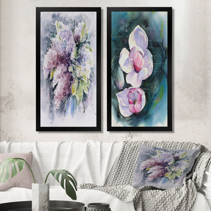 Fleurs de magnolia - ensemble de 2 peintures sur toiles, H 20 po x l 24 po x P 1 po, Cadre photo noir