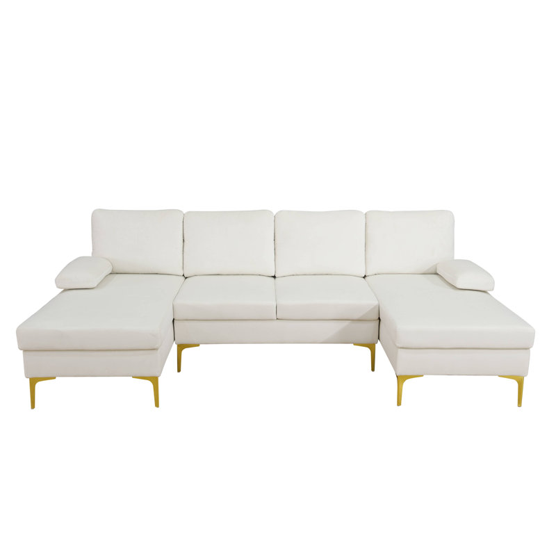 Canapé de salon en flanelle Fluffy avec structure en bois massif et pieds en métal, Blanc