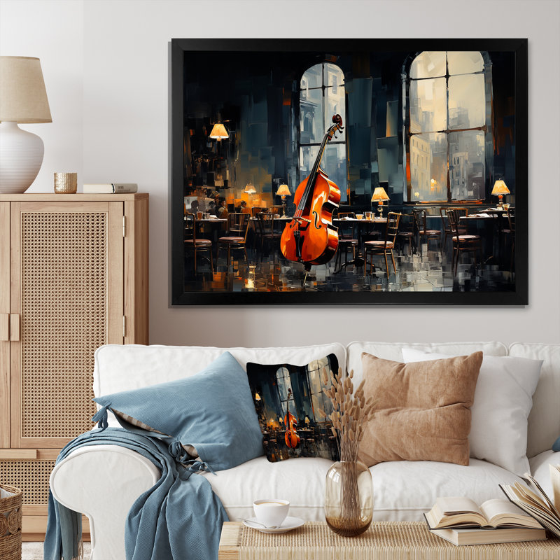 Jaune et gris Jazz Cafe Melody 5 - musique Jazz, art mural, Cadre flottant doré, H 24 po x l 32 po x P 1 po