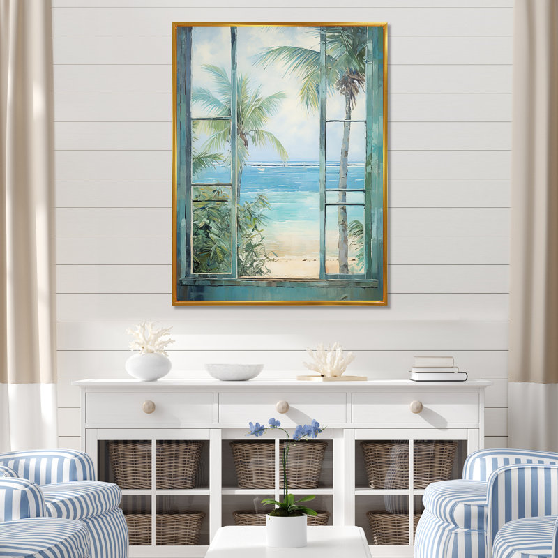 «Tropical beach Windows horizon I» - Impression sur toile côtières, H 40 po x l 30 po x P 1,5 po, Cadre flottant doré