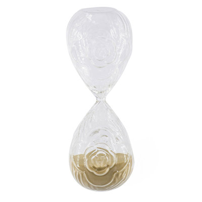 3.9X3.9X10" Decorative 45-Minute Hourglass With Clear Embossed Rose Motif And Tan Sand