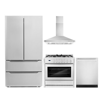 Cosmo 4 Piece Kitchen Appliance Package with French Door Refrigerator 35.5'' Gas Freestanding Built-In Wall Mount Range Hood