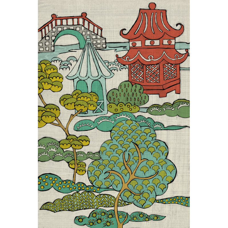 Pagoda Landscape II by Chariklia Zarris - Painting on Canvas, 122cm H x 81cm W, Black Floater Framed