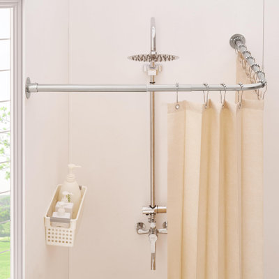 L Shaped Shower Curtain Rod,Dual-Slide Corner 90 Degree Shower Rod For Bathroom, Bathtub & Outdoor With 12 Hooks & Ceiling Support - Brushed Nickel