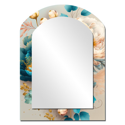 Multi-Color Blooming Flowers II - Floral Arch Wall Mirror, Traditional Asymmetrical Decorative Mirror, Printed Metal Art