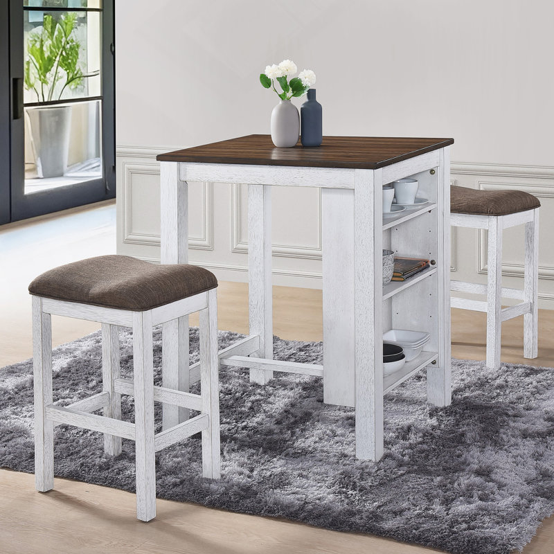 Ensemble de table de salle à manger 3 pièces, table de salle à manger avec espace de rangement et deux tabourets