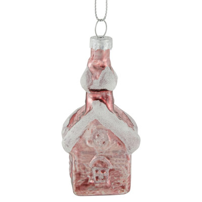 3.25" Snow Covered Pink Glass Church Christmas Ornament