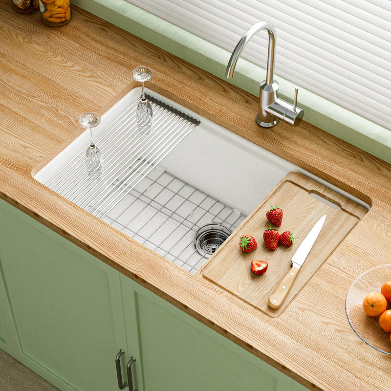 Évier de cuisine encastré en argile réfractaire L 30 po x l 19 po, cuve simple encastrée blanche, installation double, 4 accessoires personnalisés inclus