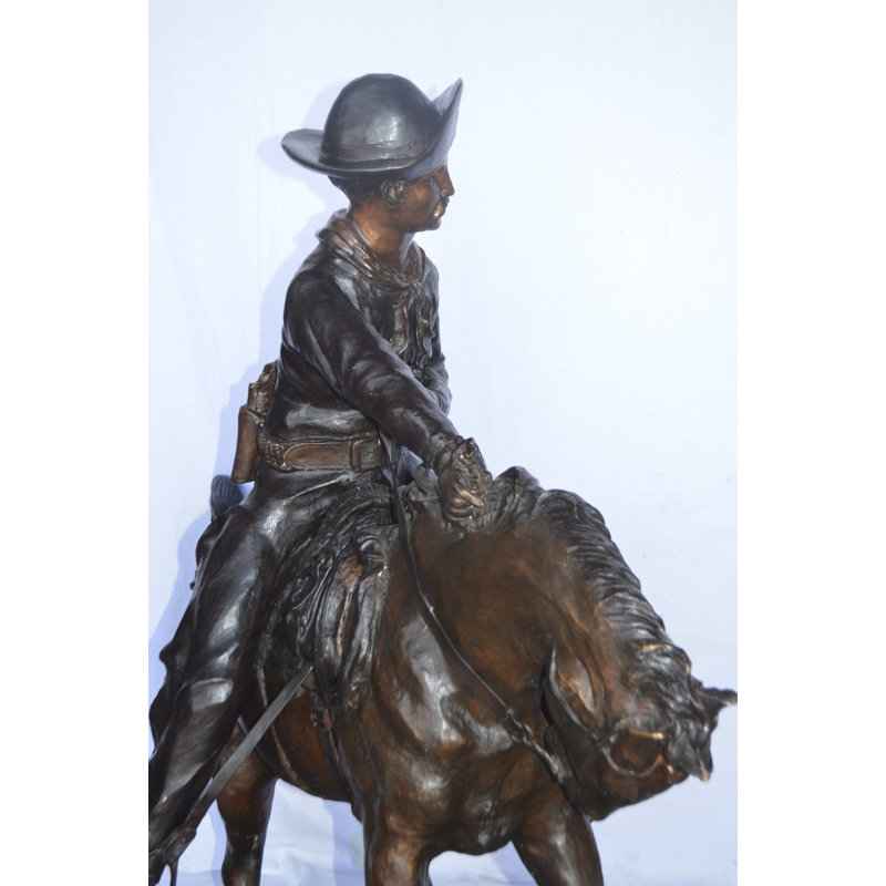 Statue géante en bronze de cowboy Remington - Taille: L 66 po x l 30 po x H 58 po.