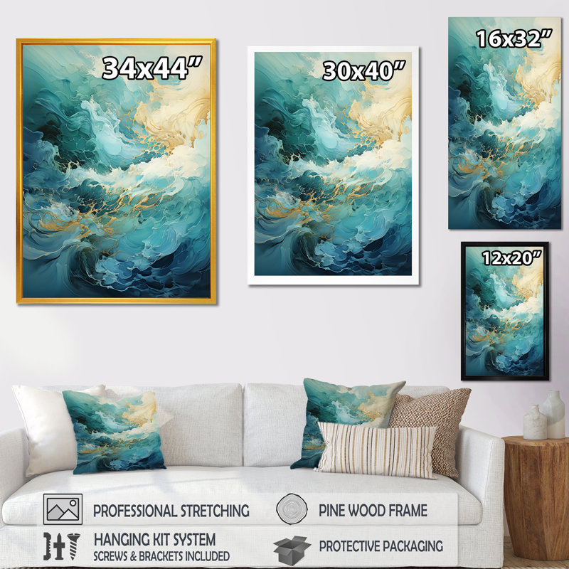 Art moderne moderne Goldn Wave Symphony I - Vagues, Toile tendue, H 40 po x l 30 po x P 1,5 po