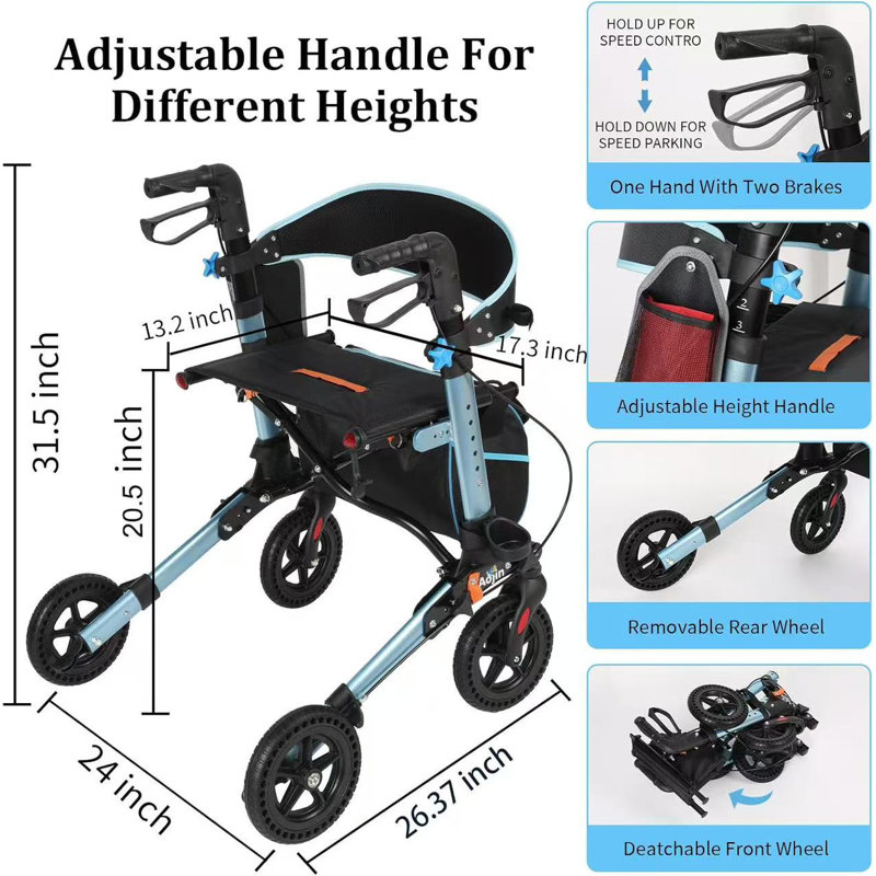 Rollator Walker for Seniors, Lightweight Foldable All Terrain Rolling Walker with seat, Aluminum Walkers with 8 inch Rubber Wheels, Handles and Backrest for Seniors and Adult 