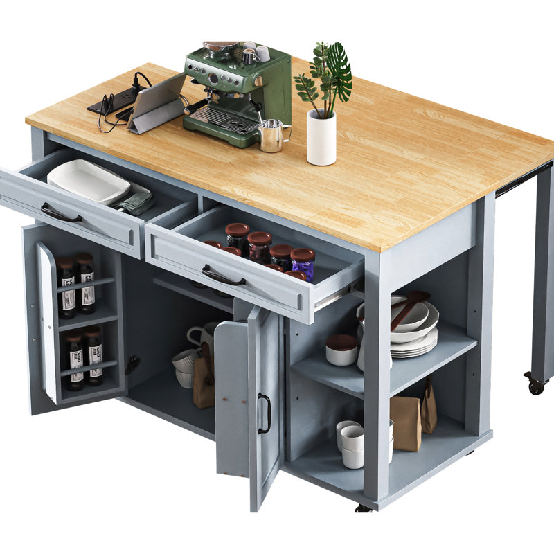 Kitchen Island With Rubber Wood Veneer, Extendable Table, 2 Drawers, Cabinets, Internal Storage Rack, Power Outlet, 6+2 Wheels, Mobile Design In Grey Blue, Ample Storage, Full - Extension Rail, Ac
