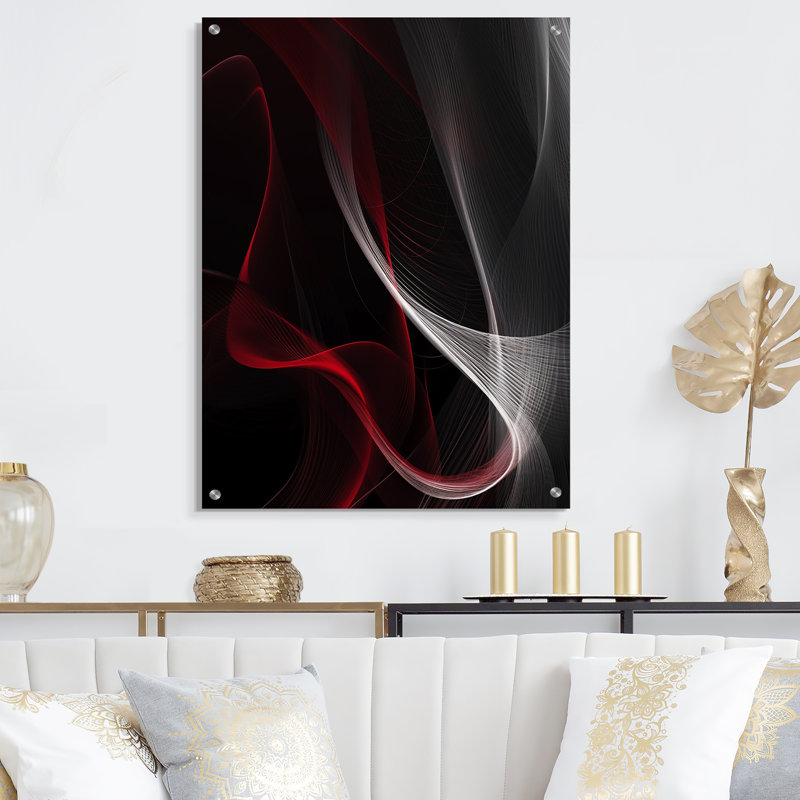 Abstrait contemplatif rouge et noir I, art mural abstrait à vagues modernes, H 32 po x l 16 po