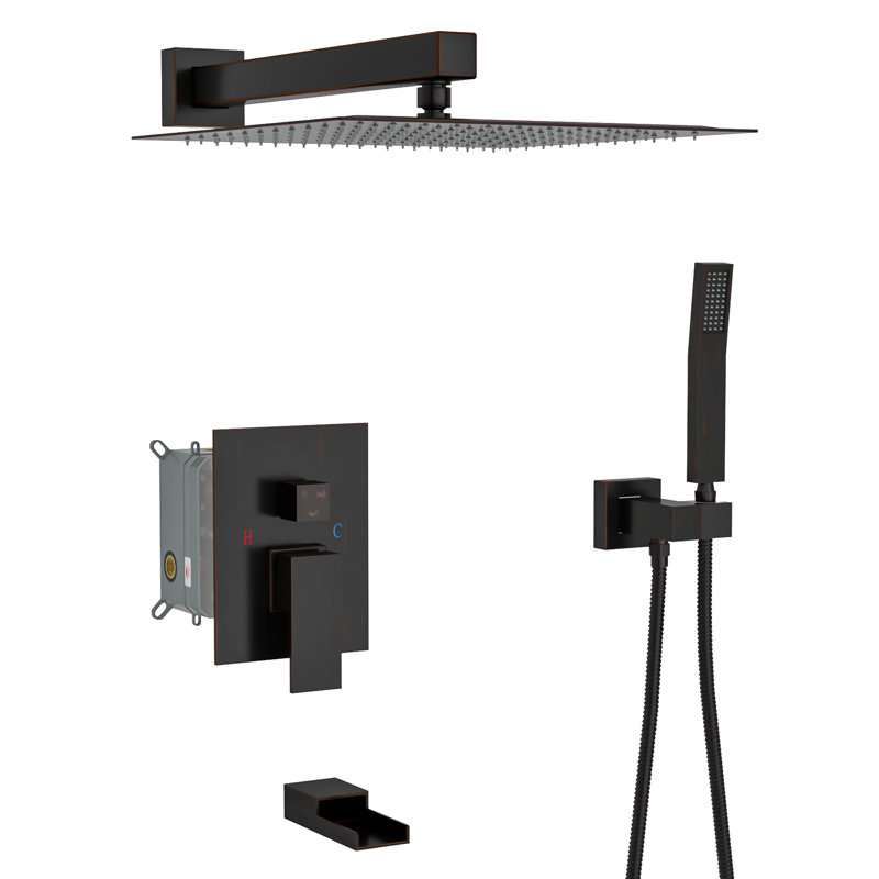 10" Square Shower System With Waterfall Spout - Oil Rubber Bronze 3 Function Shower, Rainfall & Handheld Valve For Assurance And Cleanliness Simple Installation Hygiene Protocol 10 Inch Tub
