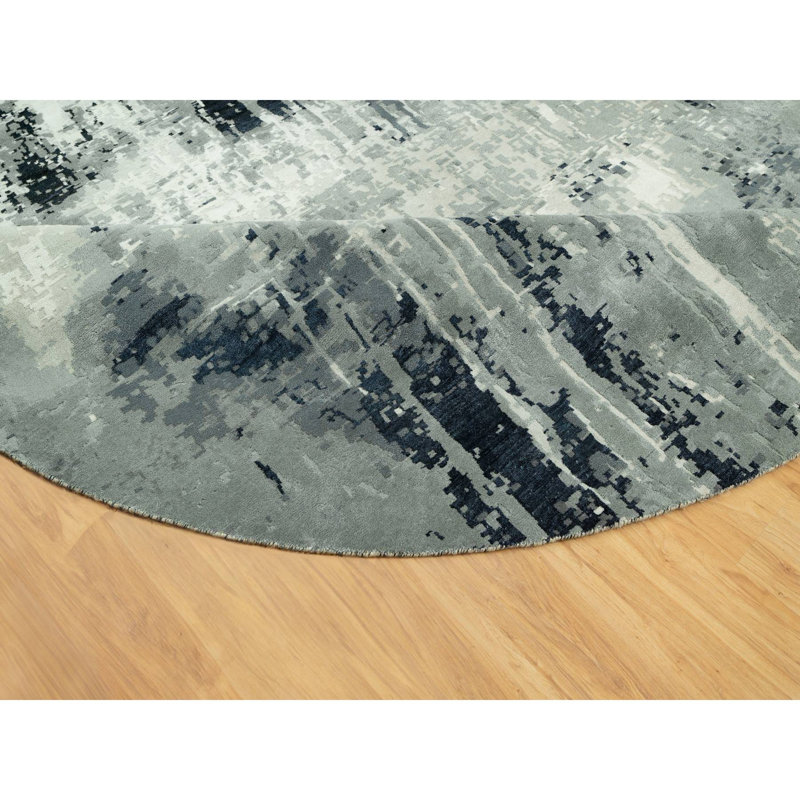 Tapis rond noir en laine et en soie noué à la main 12 pi x 12 pi Obsidian F31FC37F1C3D49249114B68EC07B7262