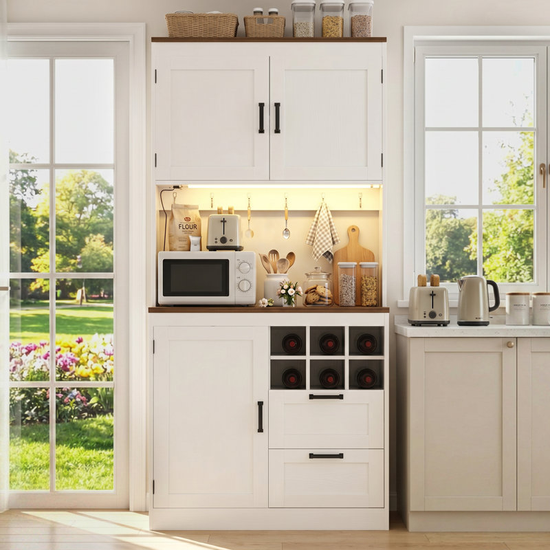 Armoire de rangement pour garde-manger de 72 po avec tiroirs, prise de courant et lumière DEL 72 po, Blanc/brun rustique