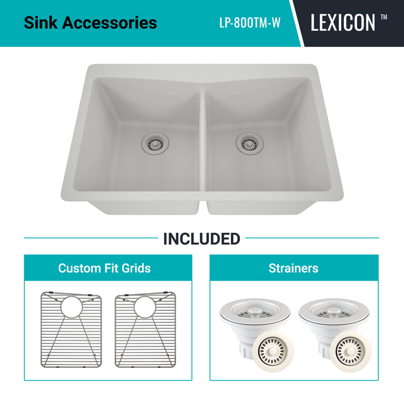 Évier de cuisine à double cuve encastrée en composite à quartz encastré à cuve de 50 po avec drain arrière de style Lexique Platinum de 33 po avec accessoires: 2 grilles en acier inoxydable, 1 crépine à drain et bride