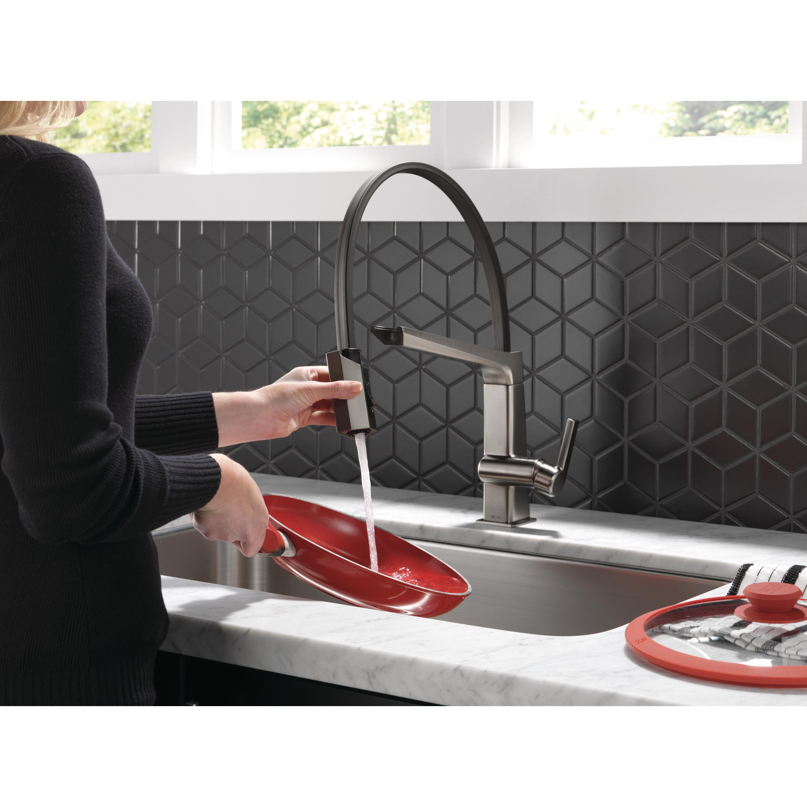 Pivotal Exposed Hose Kitchen Faucet, Black Stainless