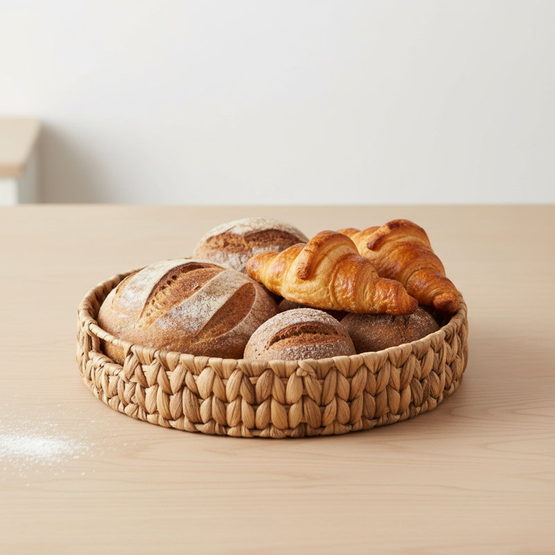 Durable Round Basket Tray With Handle Natural Woven Fruit Vegetable Storage Tray Grass Weaving Storage Baskets Serving Trays,28cm