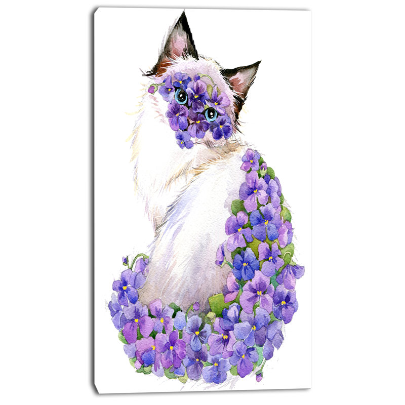 «Cute Cat with Blue Flowers», reproduction d'art sur toile tendue, H 60 po x l 28 po x P 1,5 po, Toile tendue