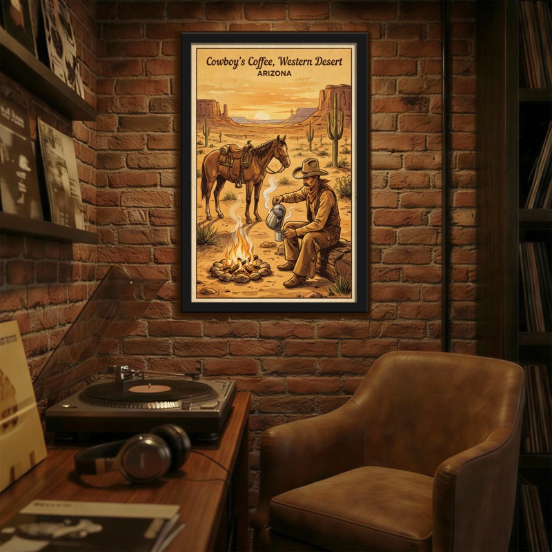 «Fashion Cowboy Coffee Desert Scene Arizona», reproduction d'art, H 24 po x l 16 po