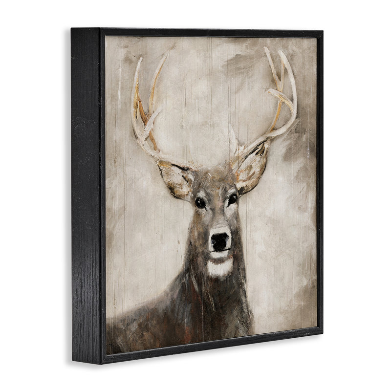 «Gazing Deer in Neutrals», estampe numérique, conception de Sally Swatland, H 12 po x l 12 po, Giclée encadrée noir minuit