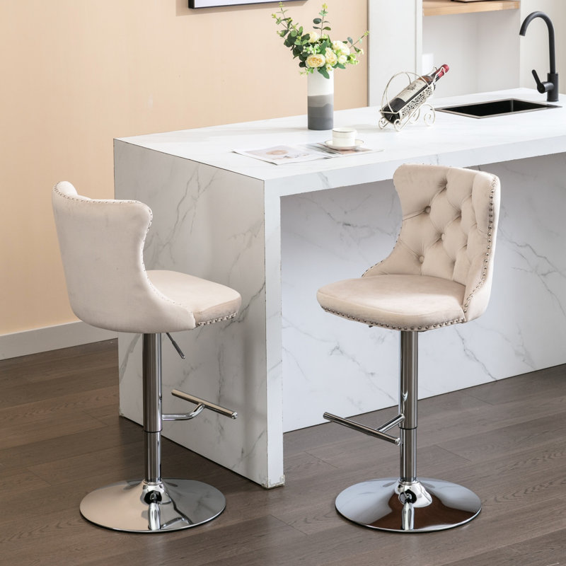 Siège réglable de 25 à 33 pouces de hauteur en velours beige, pivotant à 360 °, pour la maison et la cuisine de pub de 2 tabourets de bar en velours avec dossier d'une hauteur de 25 à 33, cuisine confortable, 2