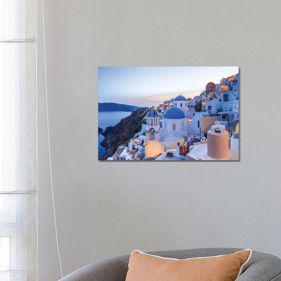 Greece, Santorini, Oia. Sunset On Coastal Town. by Jaynes Gallery - Wrapped Canvas Gallery-Wrapped Canvas Giclée