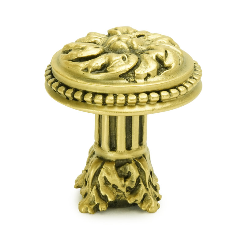 Grand bouton en acanthe perlé avec base en colonne de style rosette au fini or florentin, Doré clair