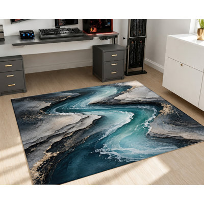 Tapis bleu velours bleu sarcelle à vagues abstraites, dossier antidérapant, lavable à la machine, tapis décoratif, décoration intérieure contemporaine pour salon, chambre à coucher, entrée, cuisine, appartement