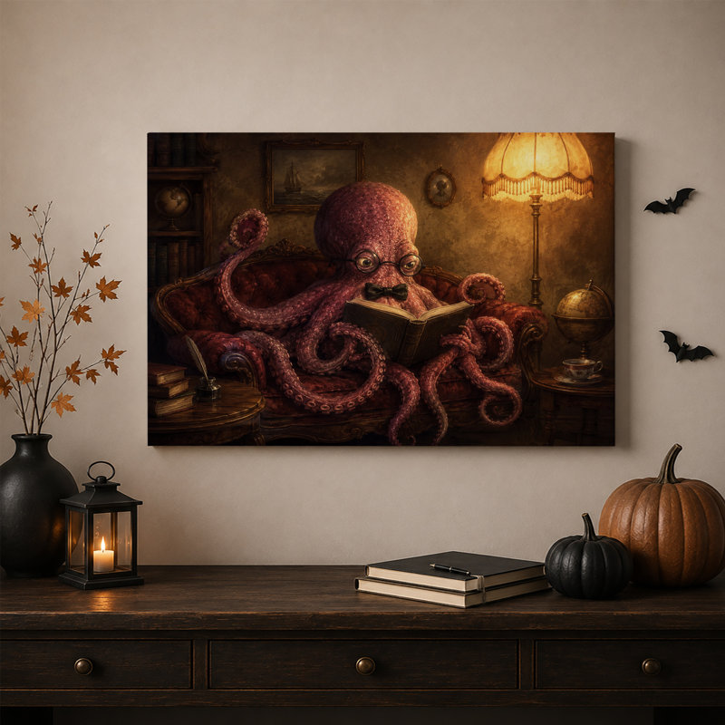 «Pink Octopus», lecture de livres sur un canapé rouge, art sur toile, H 12 po x l 18 po