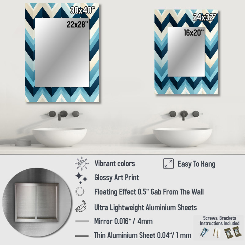 Motif à chevron géométrique bleu et blanc Theisen - miroir chevron, miroir mural décoratif Glam, impression d'art en métal