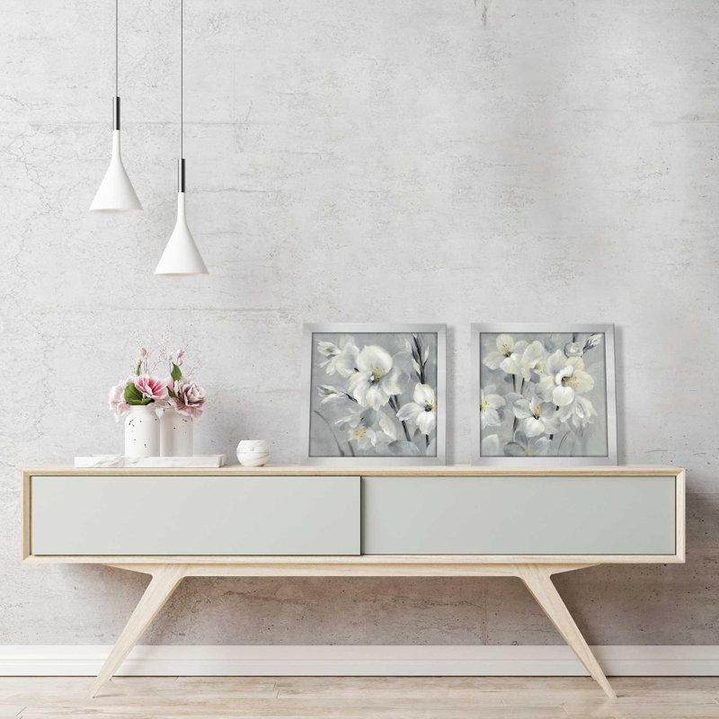 Fleurs sur fond gris, ensemble de 2 pièces sur papier