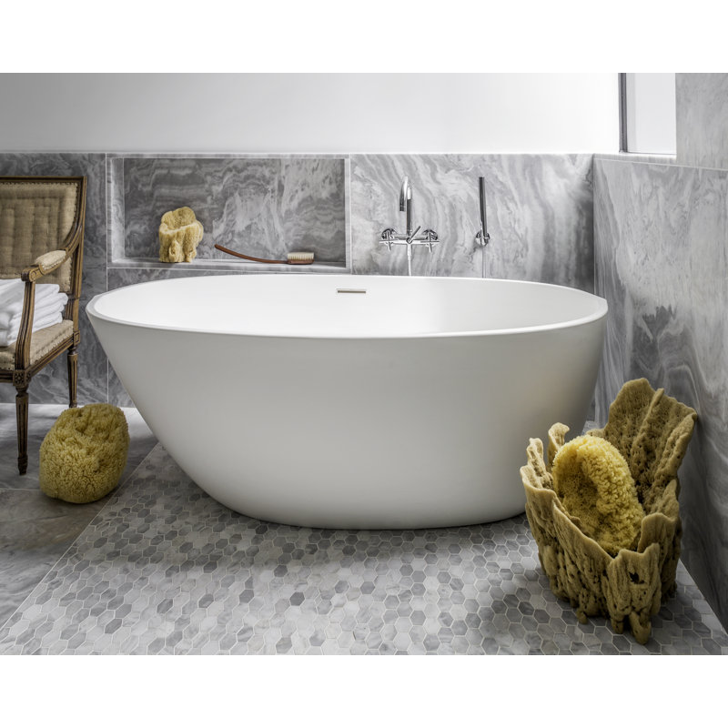 BE 66'' L Freestanding Soaking Bathtub, Brushed Nickel, Glossy White