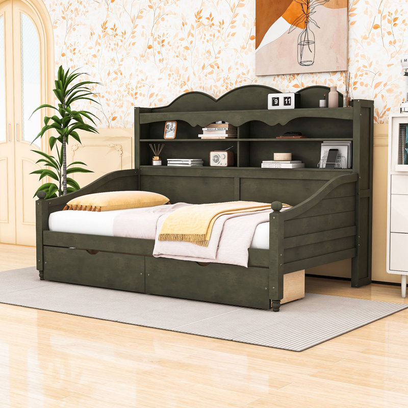 Twin Wooden Daybed with Storage Drawers and Shelves, Antique Gray