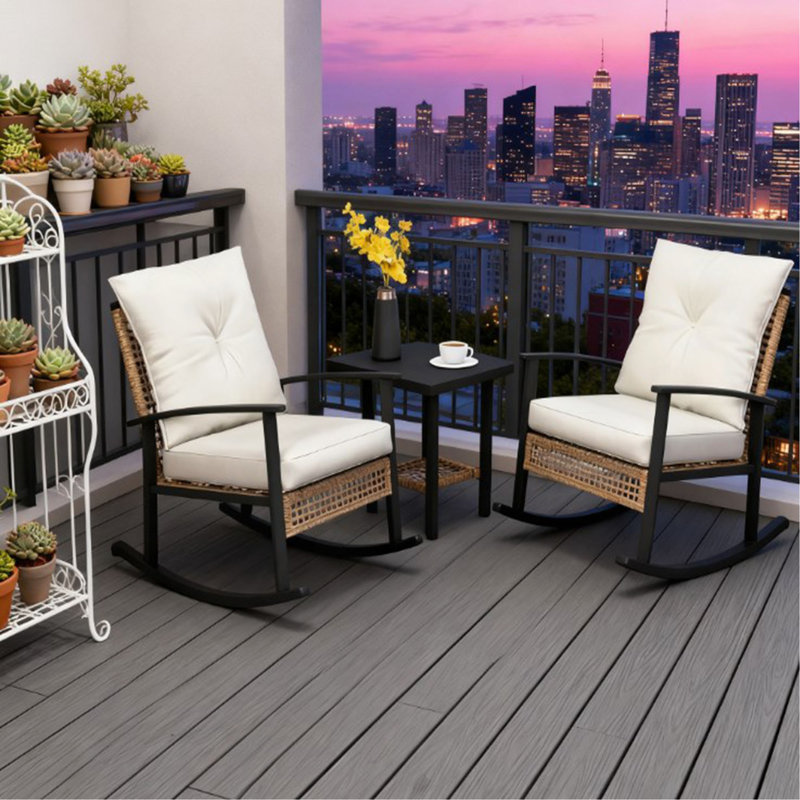 Ensemble de meubles de patio en osier avec coussins capitonnés, chaises berçantes en rotin et table basse