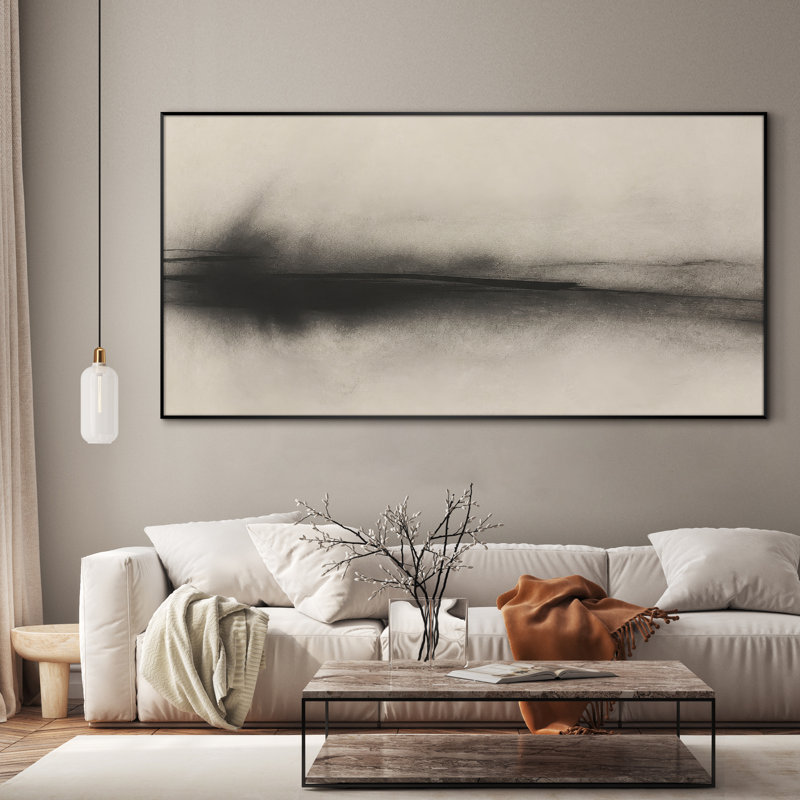 Très grande reproduction d'art sur toile - Abstrait horizon noir et beige doux pour le salon ou la chambre à coucher - «Assemblage requis du cadre (cadre non fini)»