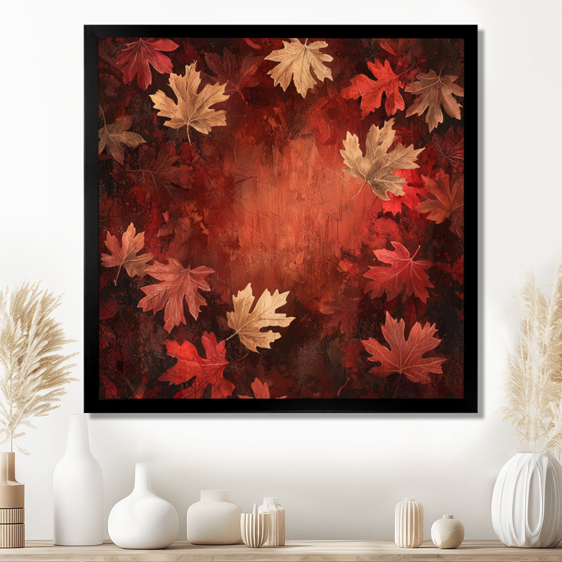 Red Falling Maple Leaves I - Leaves Wall Art, 30" H x 30" W, Picture Framed Print, Black