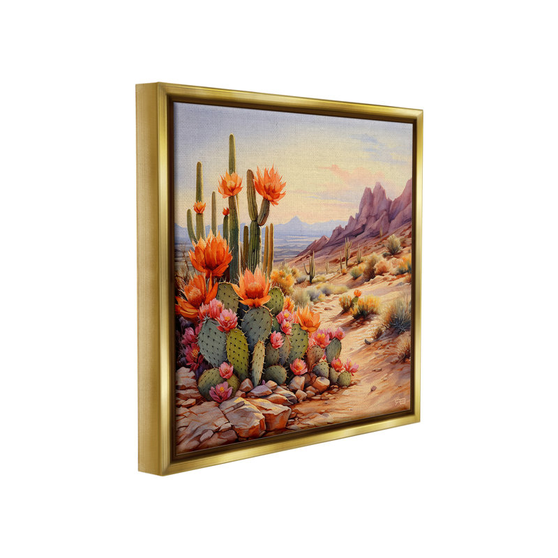 «Cactus Flower Landscape» par RB sur, Cadre flottant métallique doré, H 18 po x l 18 po