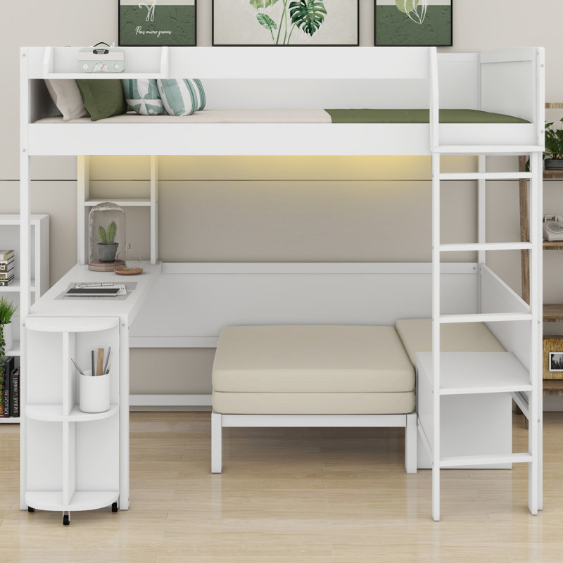Versatile Loft Bed with Desk, Bedside Shelf, Sofa & Light, White