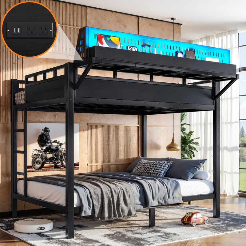 Lit superposé double en métal avec tablettes de rangement, panneau perforé, ports USB et lumières DEL, Full / Double, Black