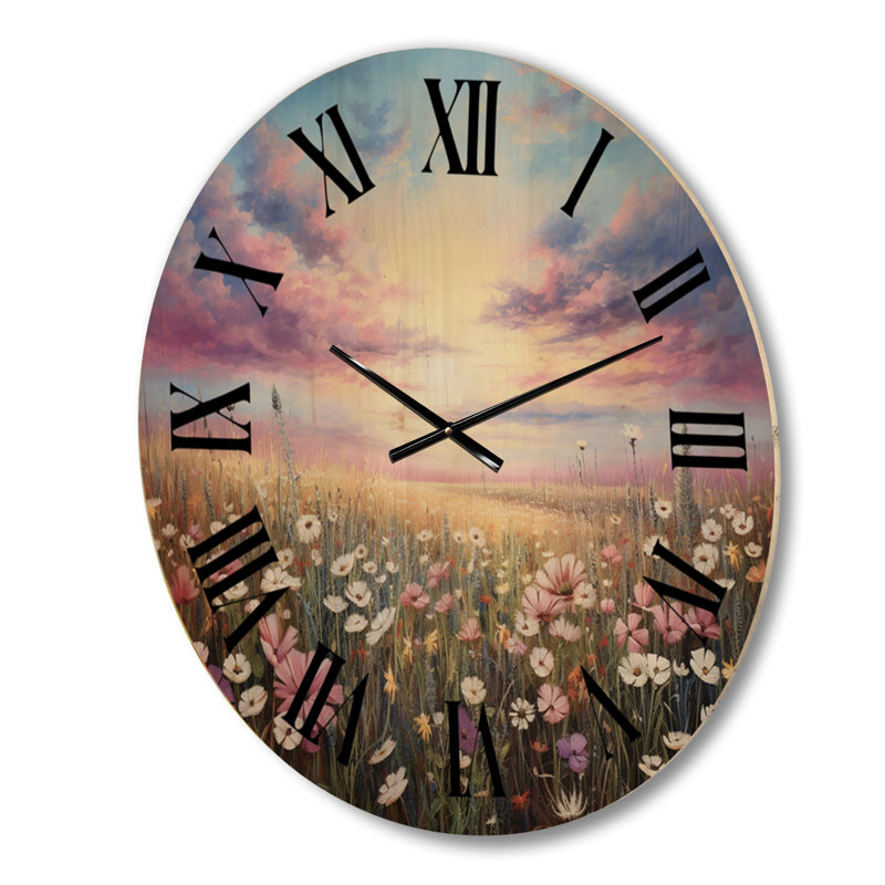 Horloge murale surdimensionnée en bois rose avec fleurs sauvages et champs de sérénité, Grand
