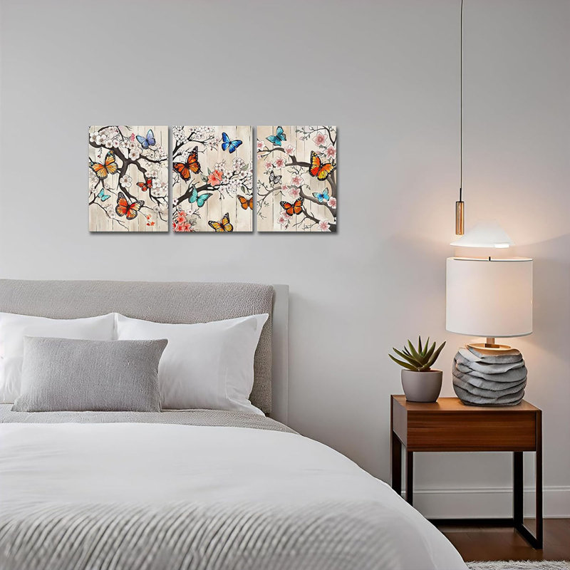 Butterfly Pictures Wall Art 3 Pieces Colorful Butterflies Trees Canvas Painting For Bathroom Wall Decor 12X16 Inch Each Piece (Beige)